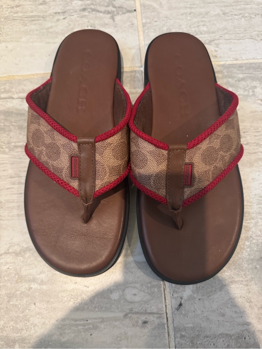 Coach Men’s Brown and Red Signature Flip Flop Sandals Size 9